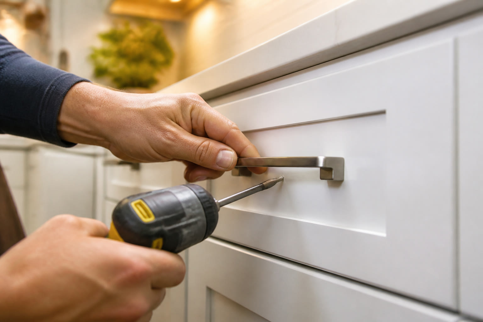Close-up of a technician installing modern cabinet hardware on white shaker cabinets