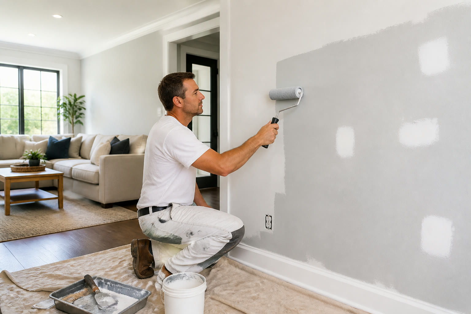 Technician rolling fresh gray paint onto a living room wall