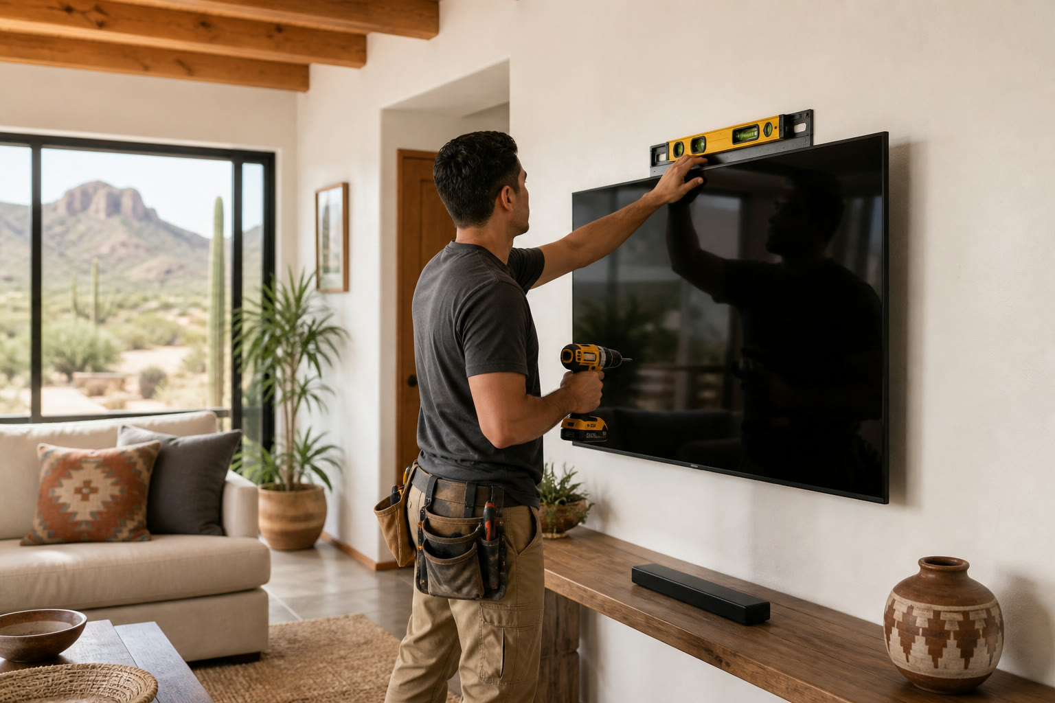 Technician leveling and mounting a flatscreen TV in a desert-style living room