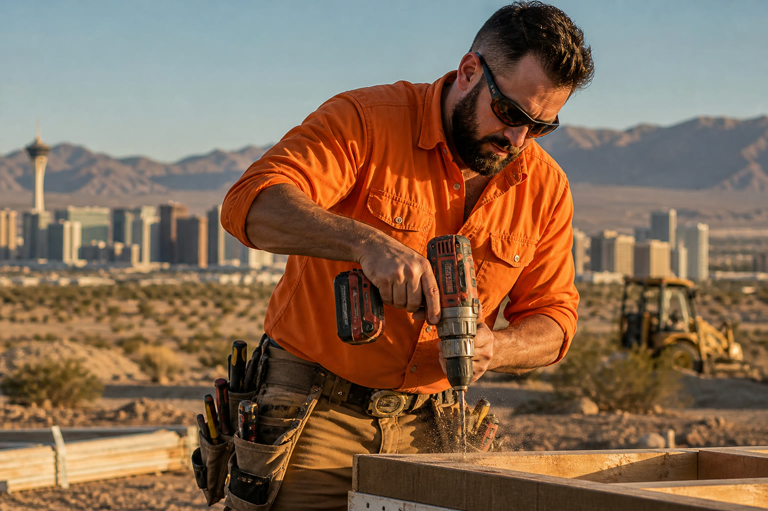 Silver State Handyman Co. technician drilling into lumber on a Las Vegas job site with the Strip skyline behind him